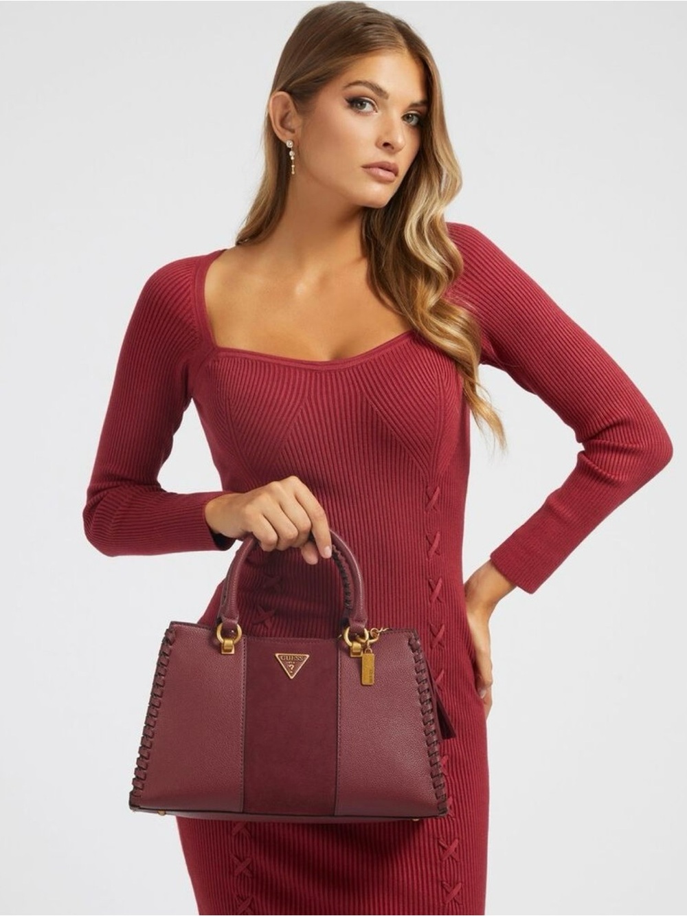 Guess Burgundy Leather Satchel with Gold Hardware
